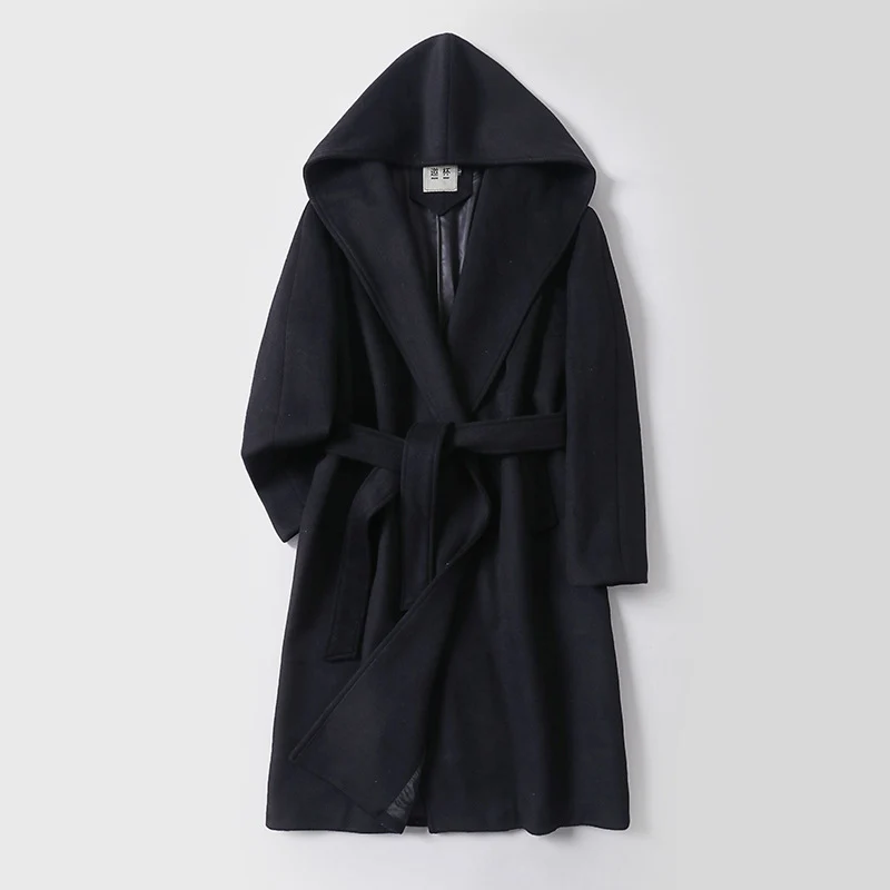 Damen Maxi-Mantel mit überzogener Kapuze, Bindegürtel und minimalistischer Wollmix‑Silhouette Nord Taschen