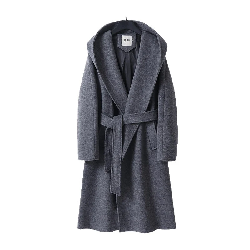Damen Maxi-Mantel mit überzogener Kapuze, Bindegürtel und minimalistischer Wollmix‑Silhouette Nord Taschen