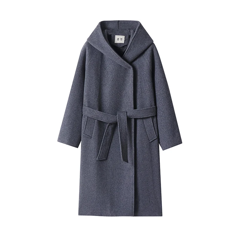 Damen Maxi-Mantel mit überzogener Kapuze, Bindegürtel und minimalistischer Wollmix‑Silhouette Nord Taschen