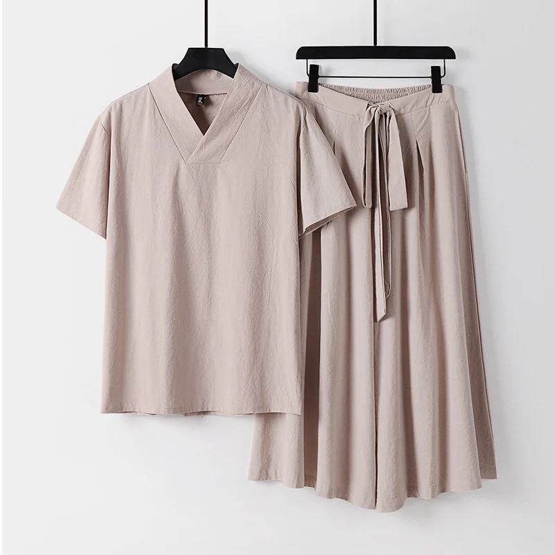 Damen Leichtes Loungewear-Set mit V-Ausschnitt-Shirt und weit schwingendem Midirock mit Kordelzug Nord Taschen