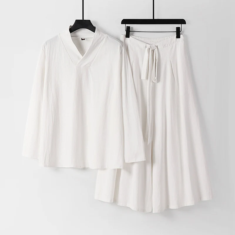 Damen Leichtes Leinen-Baumwoll Loungewear-Set mit V-Ausschnitt, weitem Midirock und Bindegürtel Nord Taschen