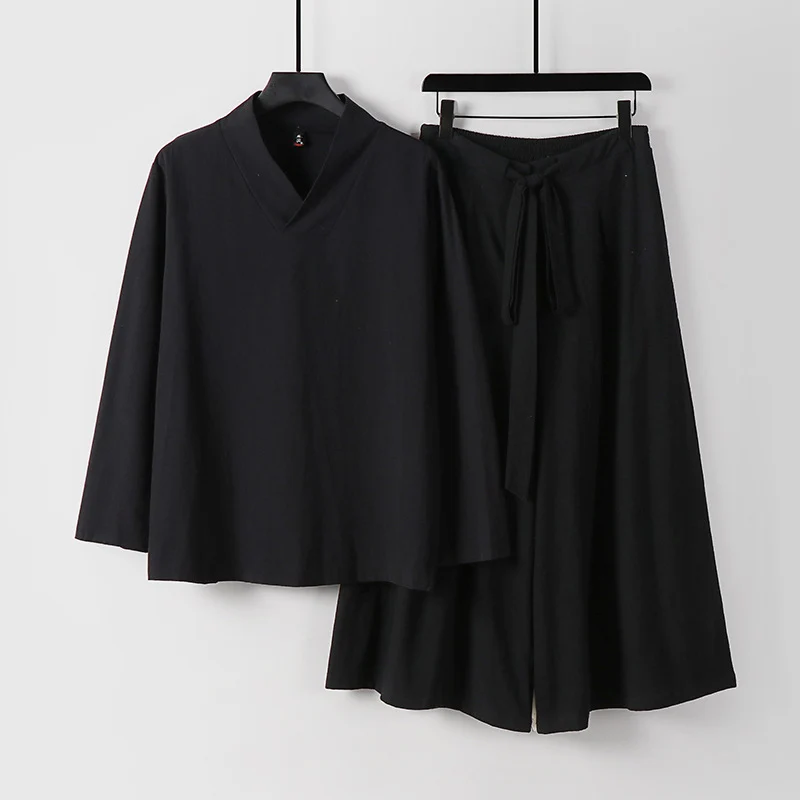 Damen Leichtes Leinen-Baumwoll Loungewear-Set mit V-Ausschnitt, weitem Midirock und Bindegürtel Nord Taschen