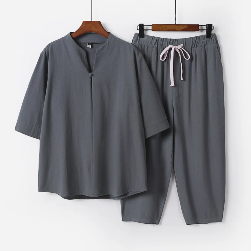 Damen Leichtes Leinen-Baumwoll-Loungewear-Set mit Stehkragen, Dreiviertelärmeln und Gummizugbundhose Nord Taschen