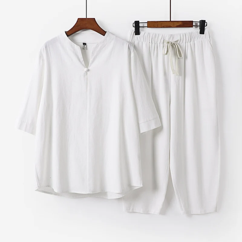 Damen Leichtes Leinen-Baumwoll-Loungewear-Set mit Stehkragen, Dreiviertelärmeln und Gummizugbundhose Nord Taschen