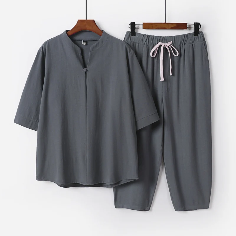Damen Leichtes Leinen-Baumwoll-Loungewear-Set mit Stehkragen, Dreiviertelärmeln und Gummizugbundhose Nord Taschen