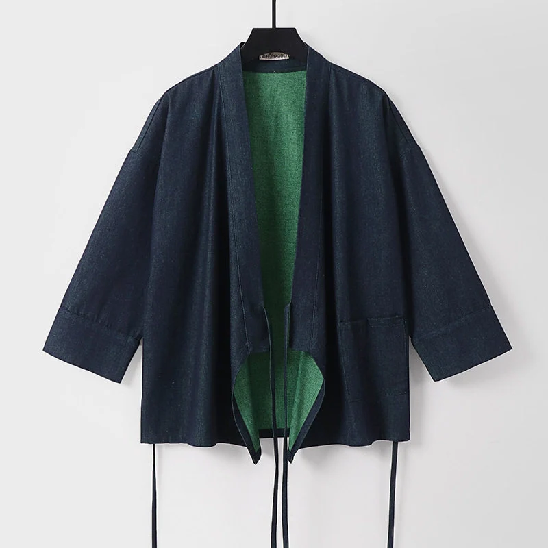 Damen Leichte zweifarbige Kimono-Jacke mit Bindebändern und kontrastiertem Innenfutter Nord Taschen