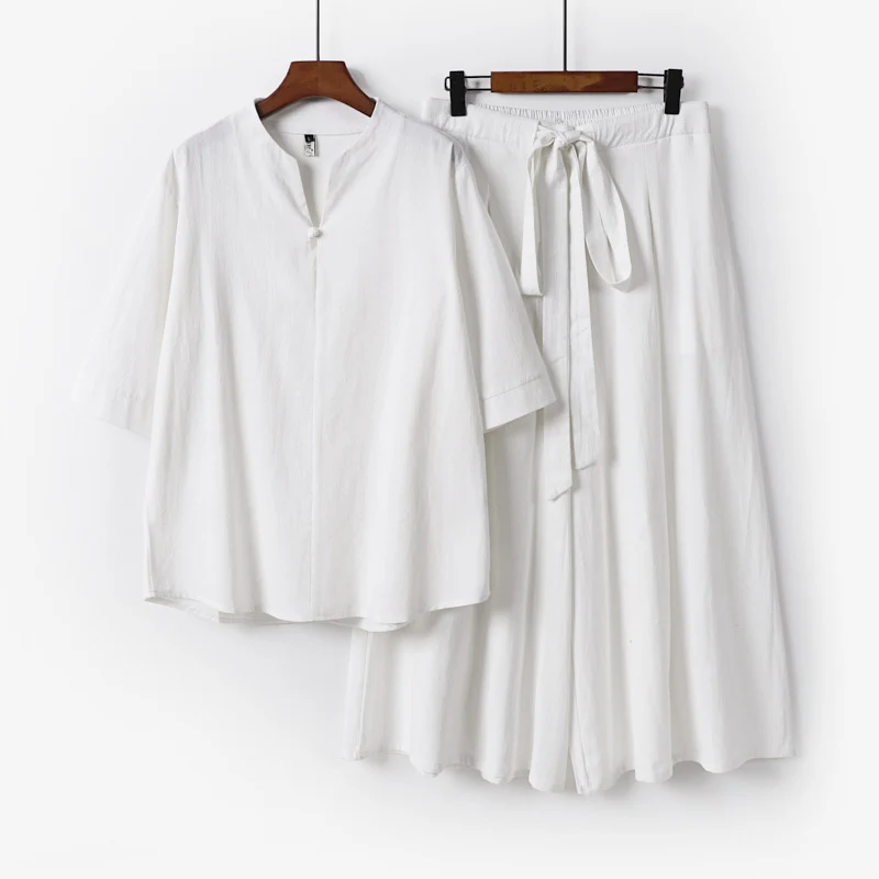Damen Lässiges Leinen-Viskose Lounge-Set mit Stehkragen-Oberteil und weiten Palazzo-Hose Nord Taschen
