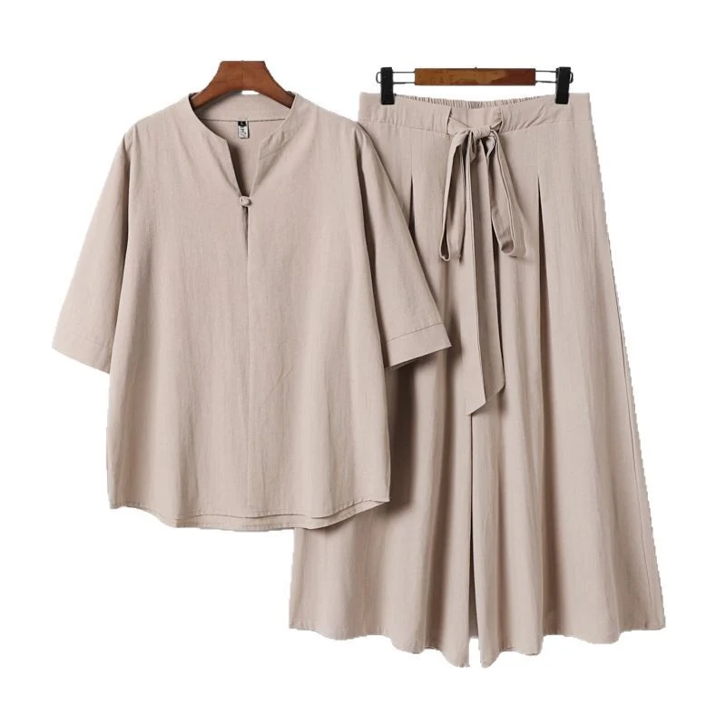 Damen Lässiges Leinen-Viskose Lounge-Set mit Stehkragen-Oberteil und weiten Palazzo-Hose Nord Taschen