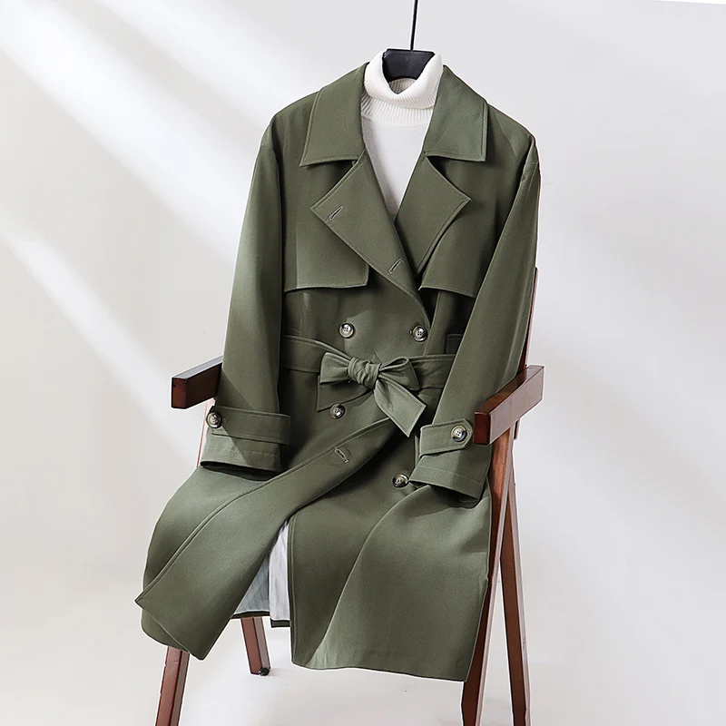 Damen Langer taillierter Trenchcoat mit weitem Schalkragen und Bindegürtel Nord Taschen