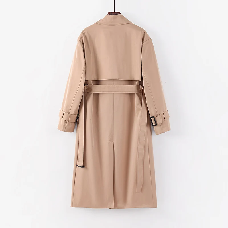 Damen Langer taillierter Trenchcoat mit Bindegürtel und weitem Schalkragen Nord Taschen