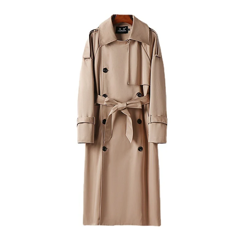 Damen Langer Doppelreihiger Trenchcoat mit Bindegürtel und Epauletten Nord Taschen