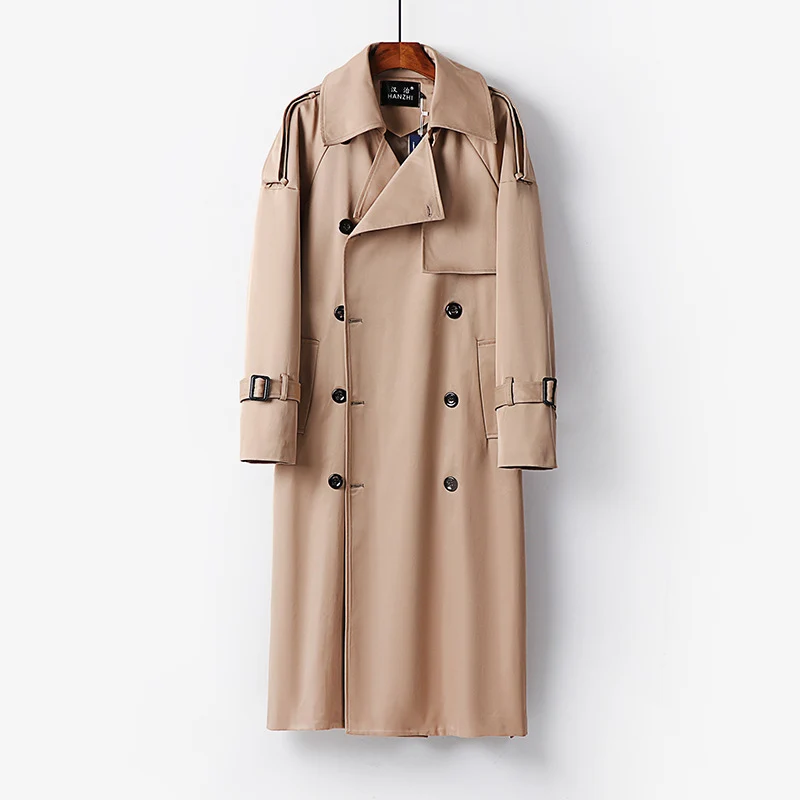 Damen Langer Doppelreihiger Trenchcoat mit Bindegürtel und Epauletten Nord Taschen
