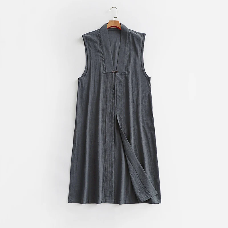 Damen Langer ärmelloser Kimono-Weste aus Leinenmix mit schmaler Schalkante und dekorativem Knebelverschluss Nord Taschen