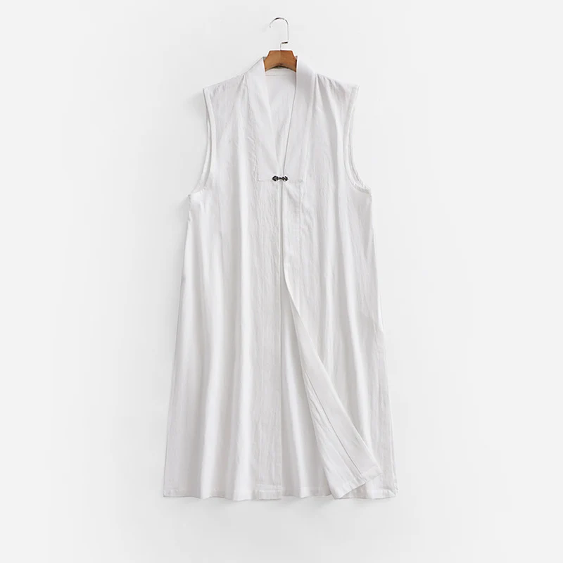 Damen Langer ärmelloser Kimono-Weste aus Leinenmix mit schmaler Schalkante und dekorativem Knebelverschluss Nord Taschen