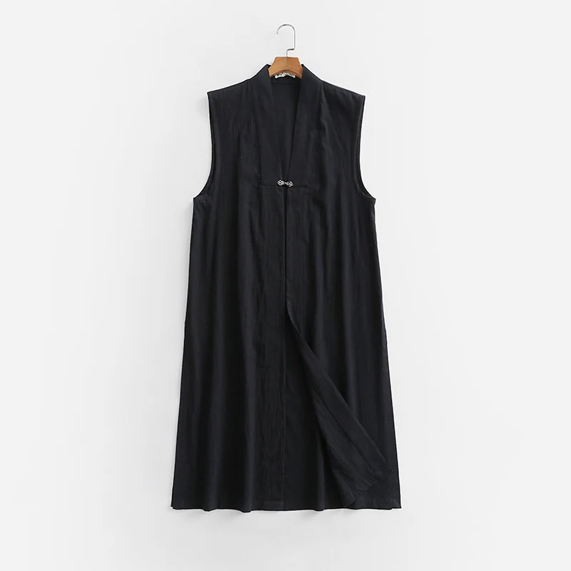 Damen Langer ärmelloser Kimono-Weste aus Leinenmix mit schmaler Schalkante und dekorativem Knebelverschluss Nord Taschen