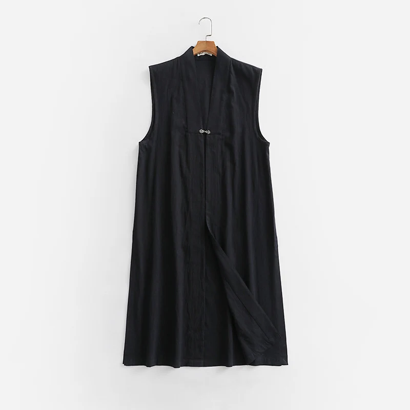 Damen Langer ärmelloser Kimono-Weste aus Leinenmix mit schmaler Schalkante und dekorativem Knebelverschluss Nord Taschen