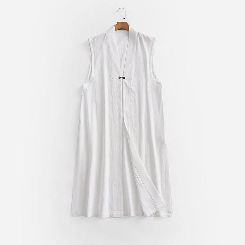 Damen Langer ärmelloser Kimono-Weste aus Leinenmix mit schmaler Schalkante und dekorativem Knebelverschluss Nord Taschen