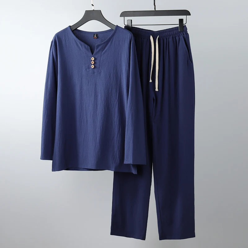 Damen Komfortables Baumwoll-Loungewear-Set mit Henley-Ausschnitt und Kordelbundhose Nord Taschen