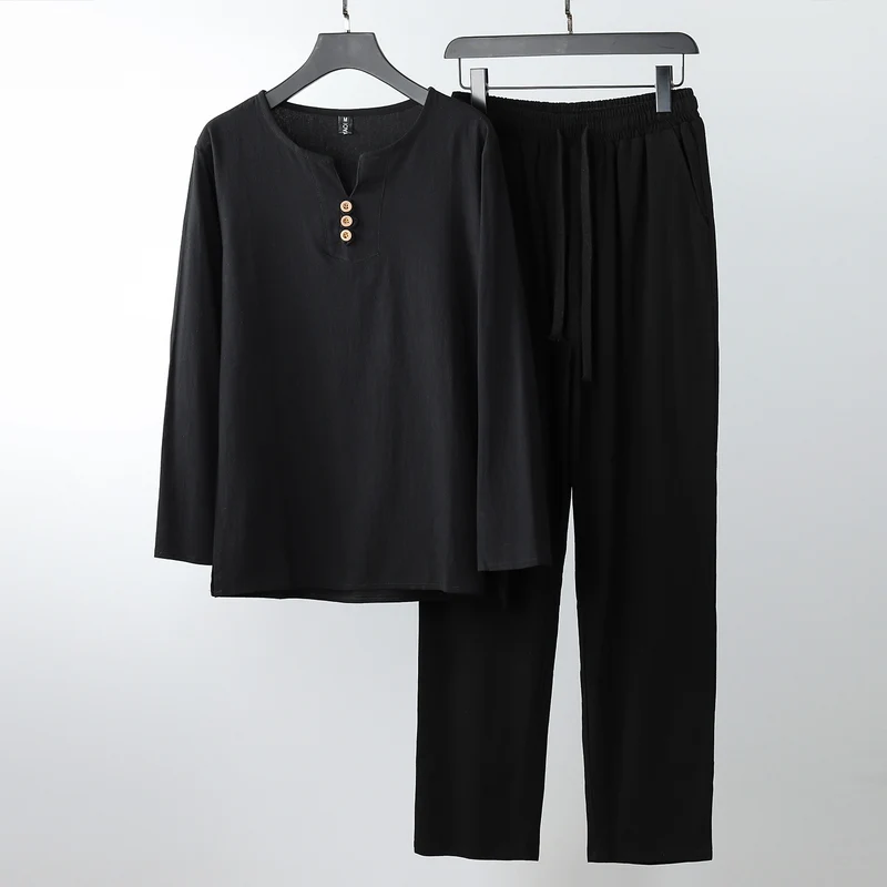 Damen Komfortables Baumwoll-Loungewear-Set mit Henley-Ausschnitt und Kordelbundhose Nord Taschen