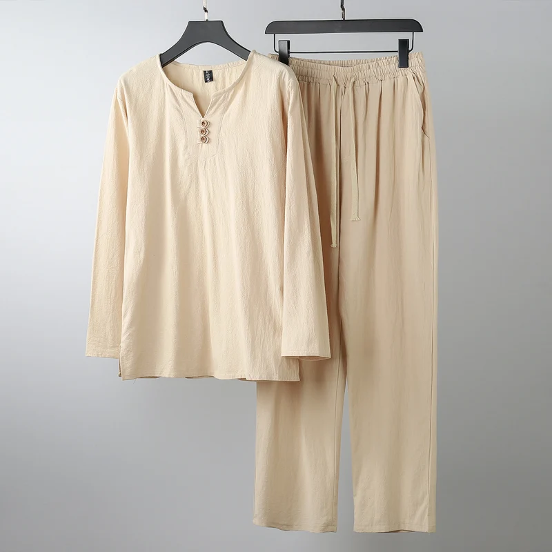 Damen Komfortables Baumwoll-Loungewear-Set mit Henley-Ausschnitt und Kordelbundhose Nord Taschen