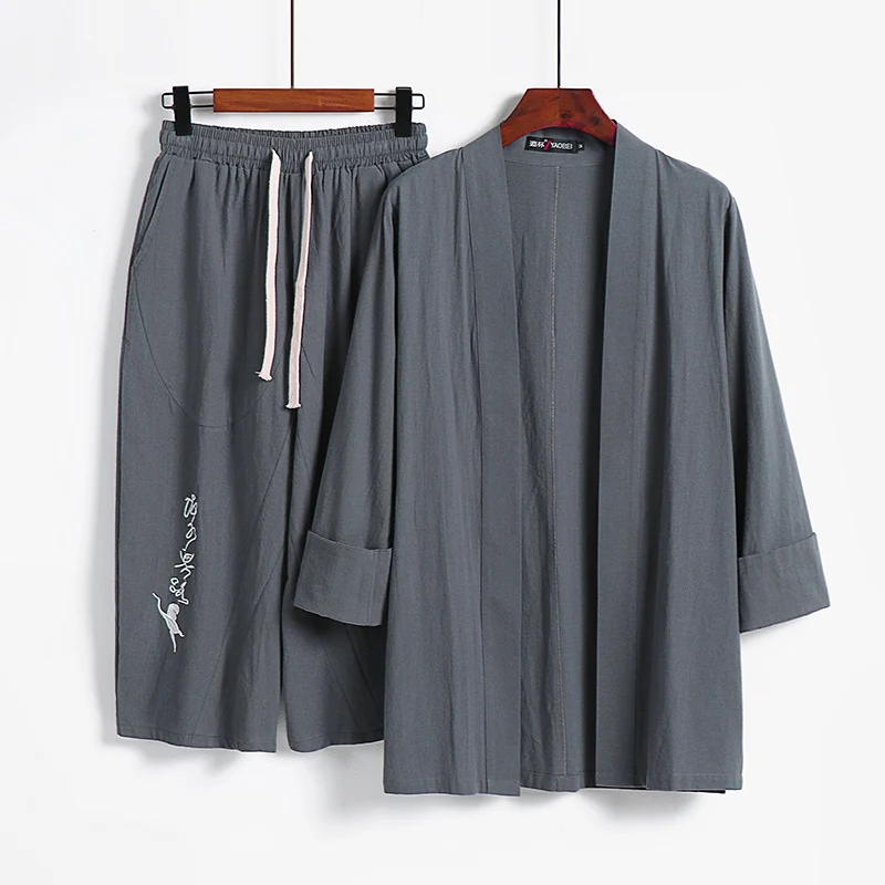 Damen Kimono-Set aus leichter Baumwollmischung offene Jacke mit lässig gekrempelten Ärmeln und weiter Haremshose mit Kordelzug Nord Taschen