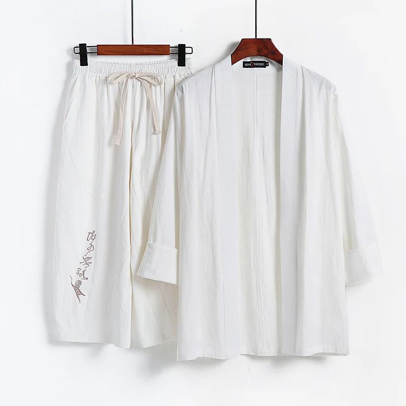 Damen Kimono-Set aus leichter Baumwollmischung offene Jacke mit lässig gekrempelten Ärmeln und weiter Haremshose mit Kordelzug Nord Taschen