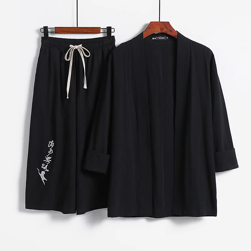 Damen Kimono-Set aus leichter Baumwollmischung offene Jacke mit lässig gekrempelten Ärmeln und weiter Haremshose mit Kordelzug Nord Taschen
