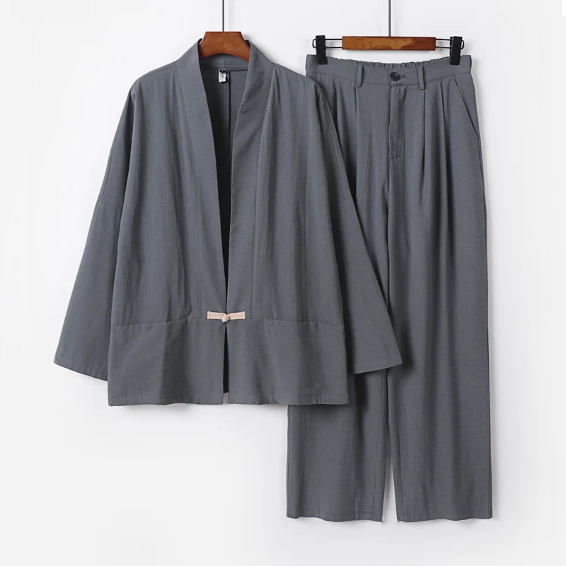 Damen Kimono-Lounge-Set aus leichtem Viskose-Leinen mit dekorativem Knebelverschluss und weiter Bundhose Nord Taschen