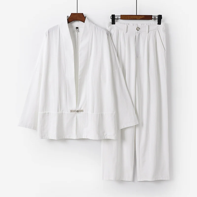 Damen Kimono-Lounge-Set aus leichtem Viskose-Leinen mit dekorativem Knebelverschluss und weiter Bundhose Nord Taschen