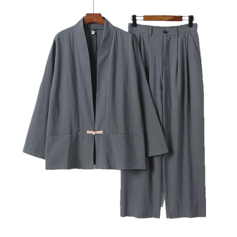 Damen Kimono-Lounge-Set aus leichtem Viskose-Leinen mit dekorativem Knebelverschluss und weiter Bundhose Nord Taschen