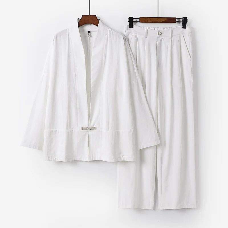 Damen Kimono-Lounge-Set aus leichtem Viskose-Leinen mit dekorativem Knebelverschluss und weiter Bundhose Nord Taschen