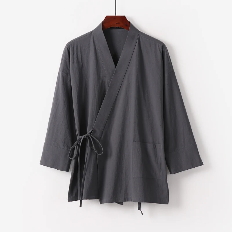 Damen Kimono-Cardigan aus Baumwoll-Leinen mit dreiviertelärmeln Bindegürtel und aufgesetzten Taschen Nord Taschen