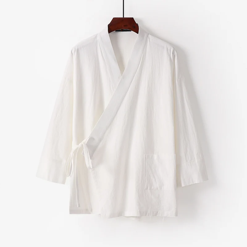 Damen Kimono-Cardigan aus Baumwoll-Leinen mit dreiviertelärmeln Bindegürtel und aufgesetzten Taschen Nord Taschen