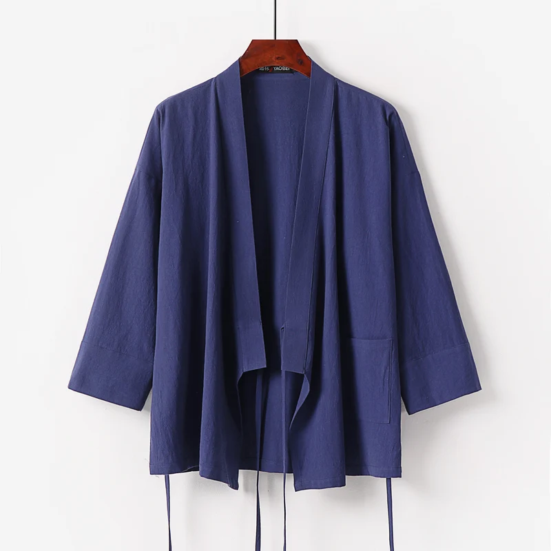Damen Kimono-Cardigan aus Baumwoll-Leinen mit dreiviertelärmeln Bindegürtel und aufgesetzten Taschen Nord Taschen