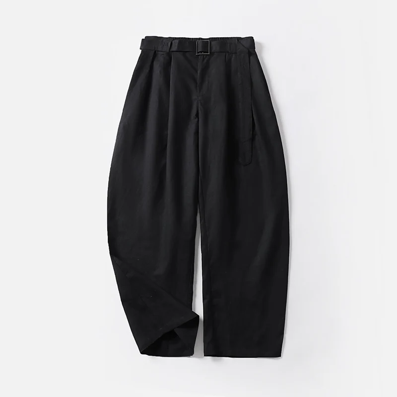 Damen Hochtaillierte Leinen-Baumwoll Bundfaltenhose mit Bindegürtel und tapered Bein Nord Taschen