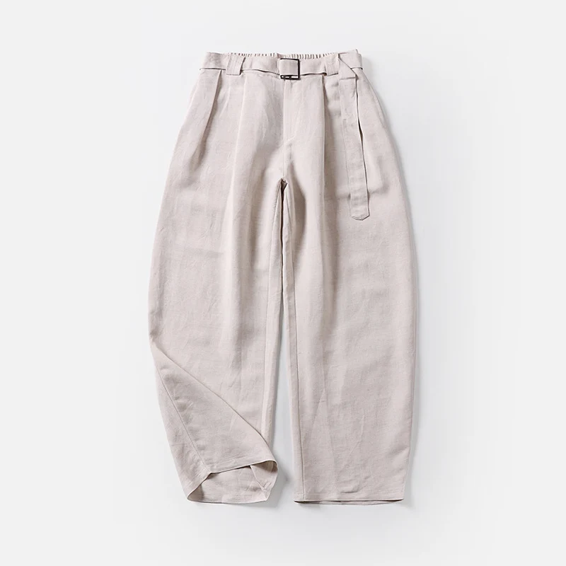 Damen Hochtaillierte Leinen-Baumwoll Bundfaltenhose mit Bindegürtel und tapered Bein Nord Taschen