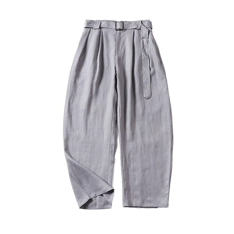 Damen Hochtaillierte Leinen-Baumwoll Bundfaltenhose mit Bindegürtel und tapered Bein Nord Taschen