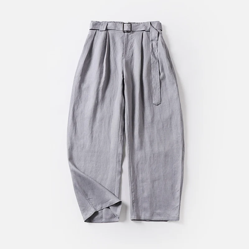 Damen Hochtaillierte Leinen-Baumwoll Bundfaltenhose mit Bindegürtel und tapered Bein Nord Taschen