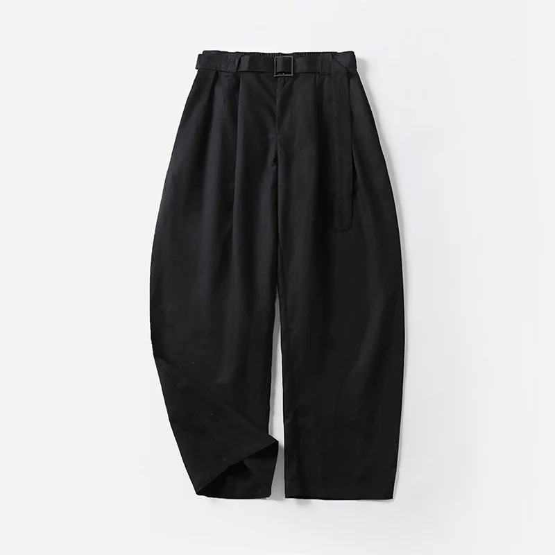 Damen Hochtaillierte Leinen-Baumwoll Bundfaltenhose mit Bindegürtel und tapered Bein Nord Taschen