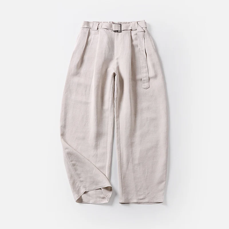 Damen Hochtaillierte Leinen-Baumwoll Bundfaltenhose mit Bindegürtel und tapered Bein Nord Taschen