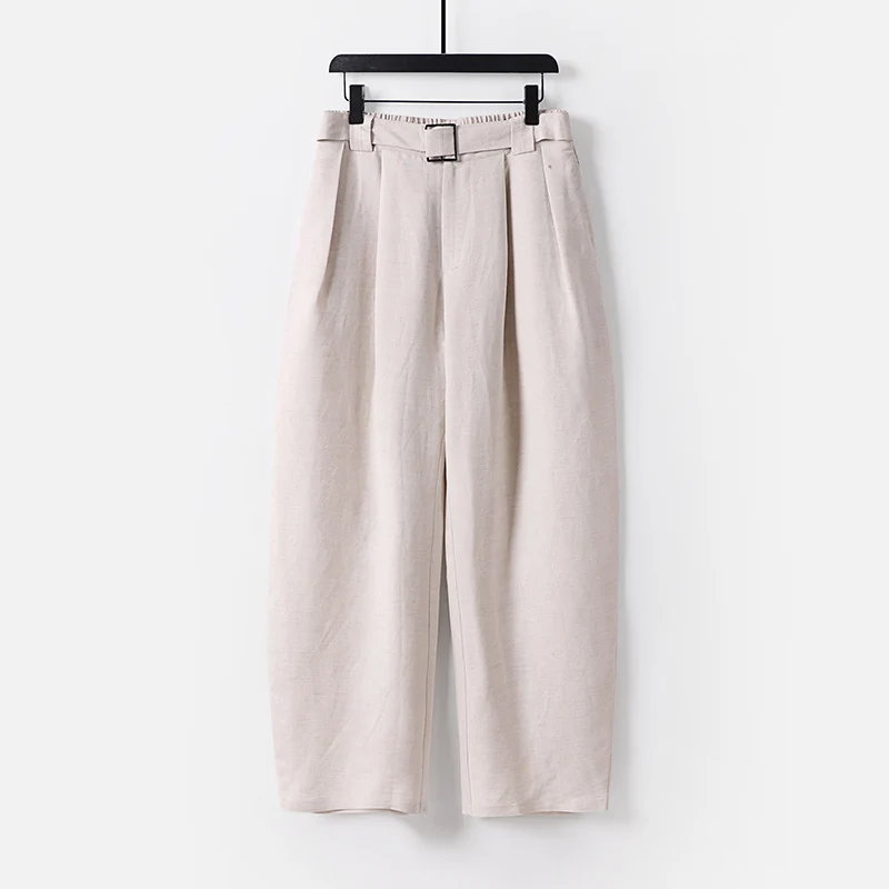 Damen Hochgeschnittene weite Leinenmix-Hose mit Bundfalten und Stoffgürtel Nord Taschen
