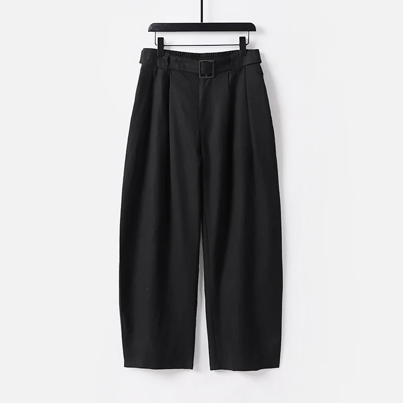 Damen Hochgeschnittene weite Leinenmix-Hose mit Bundfalten und Stoffgürtel Nord Taschen