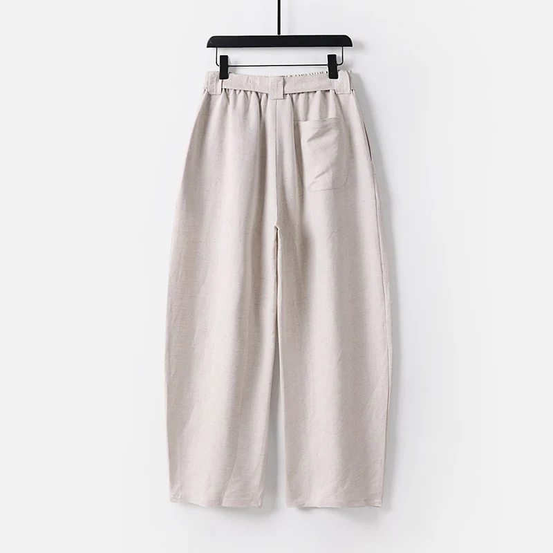 Damen Hochgeschnittene weite Leinenmix-Hose mit Bundfalten und Stoffgürtel Nord Taschen