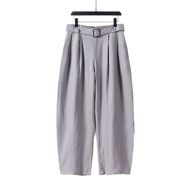 Damen Hochgeschnittene weite Leinenmix-Hose mit Bundfalten und Stoffgürtel Nord Taschen