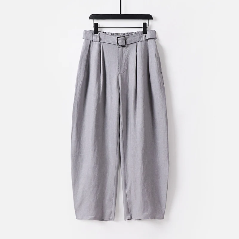 Damen Hochgeschnittene weite Leinenmix-Hose mit Bundfalten und Stoffgürtel Nord Taschen