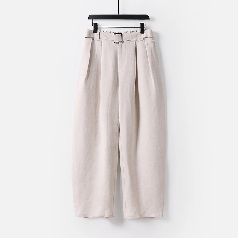 Damen Hochgeschnittene weite Leinenmix-Hose mit Bundfalten und Stoffgürtel Nord Taschen