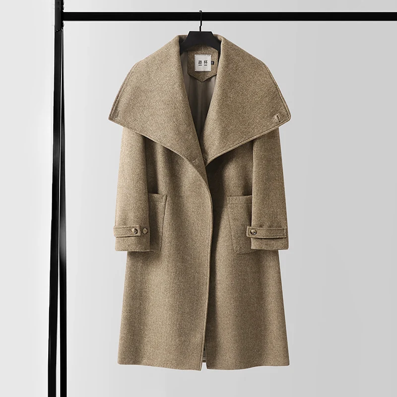 Damen Eleganter langer Wollmix-Cocoon-Mantel mit überlappendem Schalkragen und aufgesetzten Taschen Nord Taschen