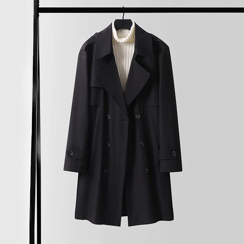 Damen Doppelreihiger Kurztrenchcoat aus leichtem Wollmix mit soften Fall und Schulterklappen Nord Taschen