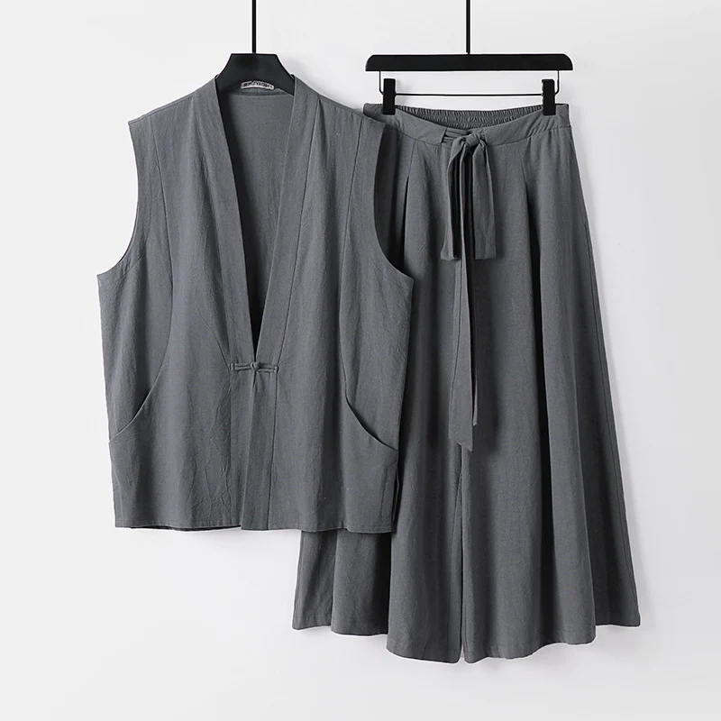 Damen Ärmelloses Kimono-Loungewear-Set aus leichtem Viskose-Leinen mit Bindeweste und weiten Palazzo-Hose Nord Taschen