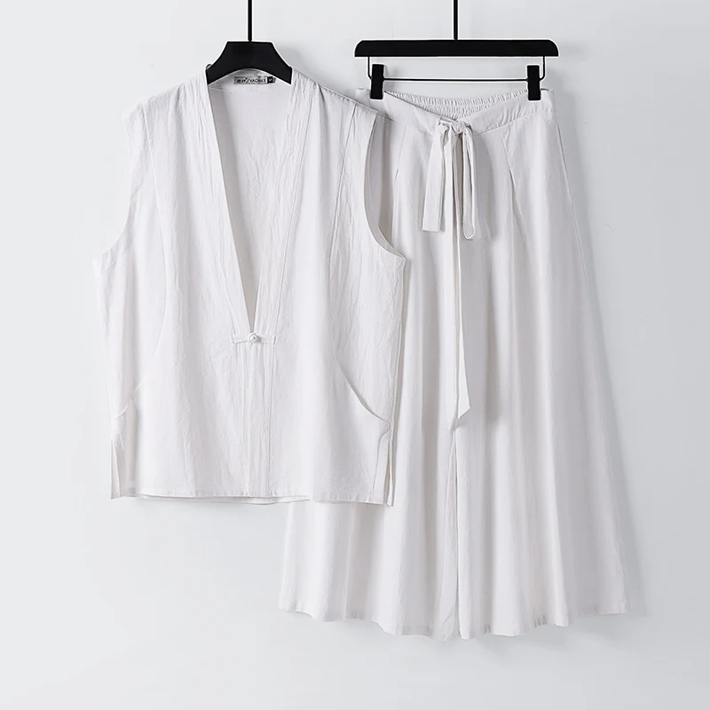 Damen Ärmelloses Kimono-Loungewear-Set aus leichtem Viskose-Leinen mit Bindeweste und weiten Palazzo-Hose Nord Taschen